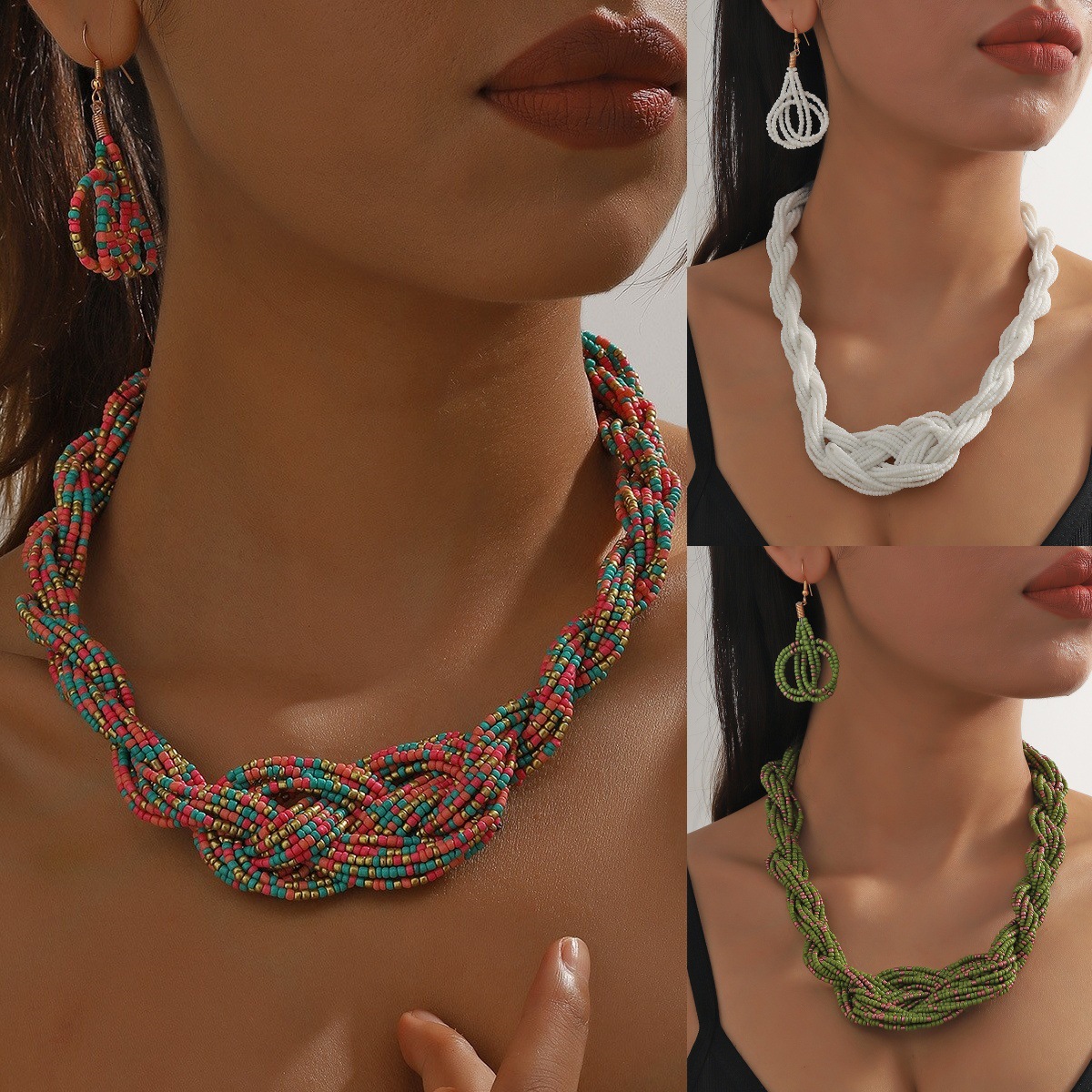 Traje de joyería de mujer de estilo étnico bohemio de múltiples capas con cuentas redondas grandes multicolores retro europeo y americano