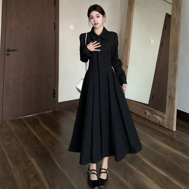 60323#大码小香风25秋冬胖MM黑色长袖衬衫连衣裙长款洋气A字裙