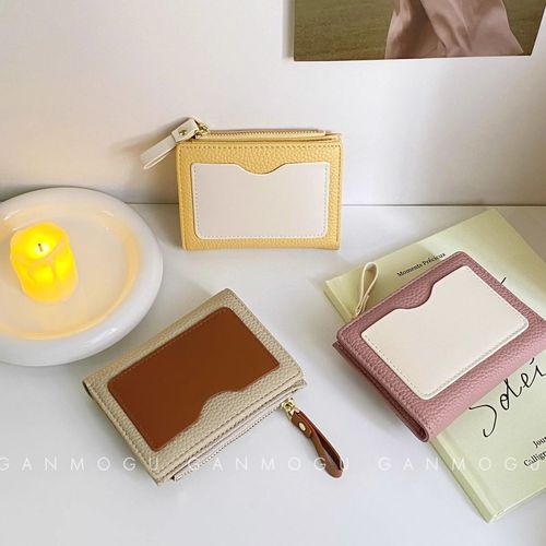 Retro Color-Block Litchi-Grain Mini Wallet for Women, Short Design—Combines Coin & Card Storage, Ins-style Niche Pick with Zipper Closure, Perfect for Students