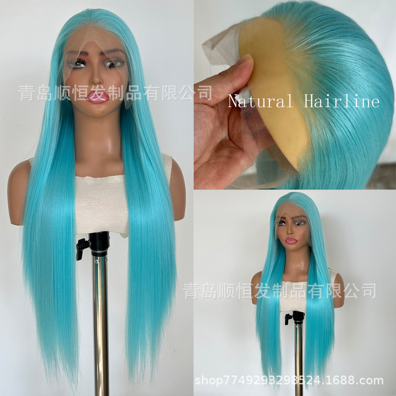 Cross-Border Wig for Women, Hand-Knitted Light Blue Lace Front Long Straight Hair, Matte High-Temperature Cosplay Full Wig