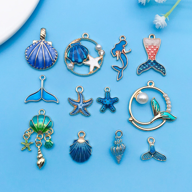 12 Styles of Oil Dripping Ocean Blue Mermaid Starfish Conch Zinc Alloy Pendant DIY Bracelet Necklace Jewelry Accessories