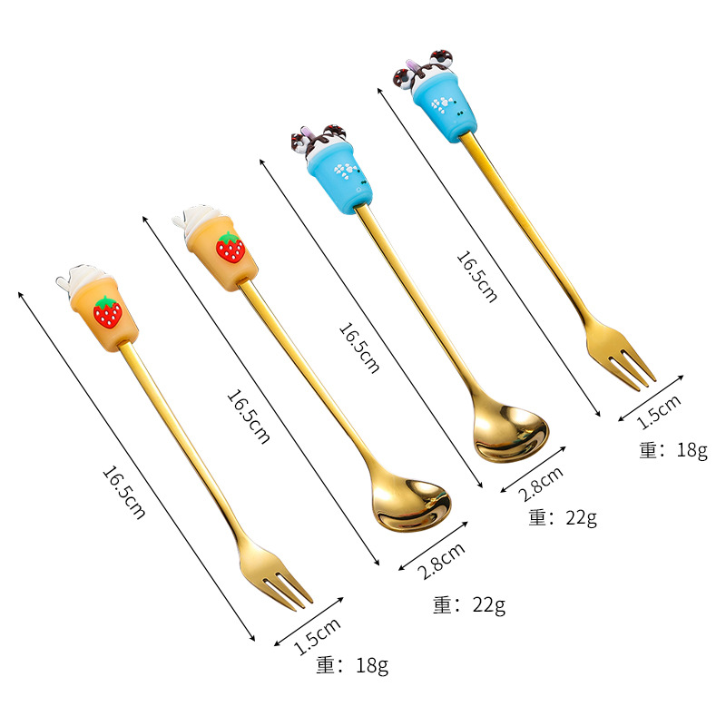 딸기 + 블루 밀크티 컵, 스푼, 포크 4종 세트