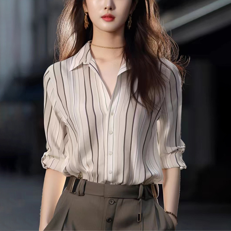 Spring Unique and Beautiful French Style Light and Mature Chiffon Top High-End Sea Mono Style Commuter Striped Shirt