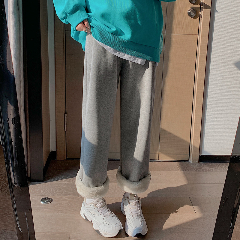 Super thick lambskin wide-leg pants, grey outerwear, thickened winter sports pants, drawstring cuffs, fleece sweatpants for women pic 6