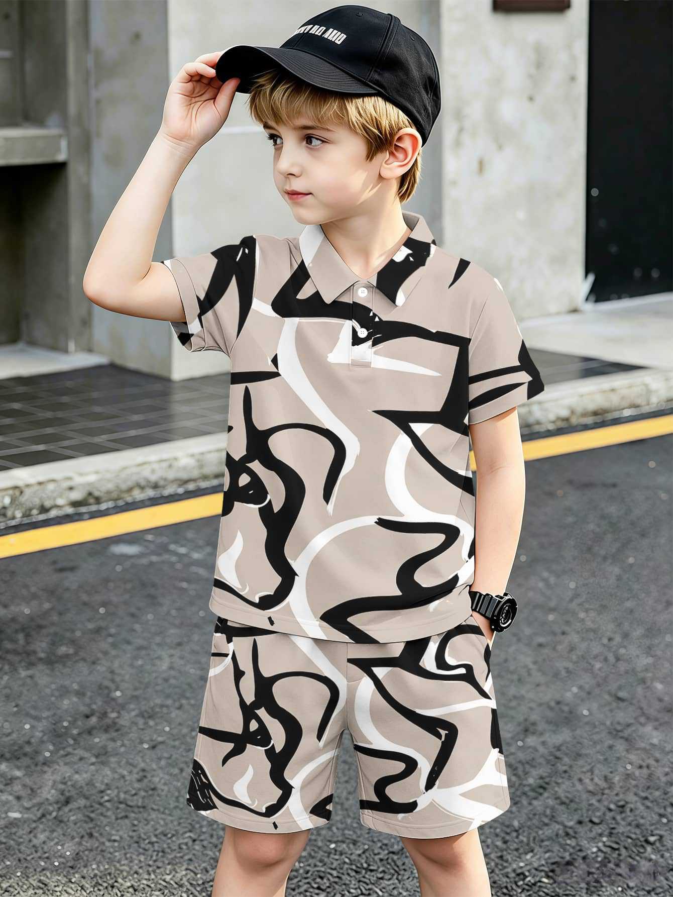 Conjunto de polo e calções para menino com estampado 3d_voghion.com