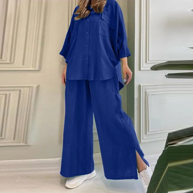 Women's Clothing women's fashion casual loose solid color cotton and linen shirt long sleeved pants suit two piece set_voghion.com