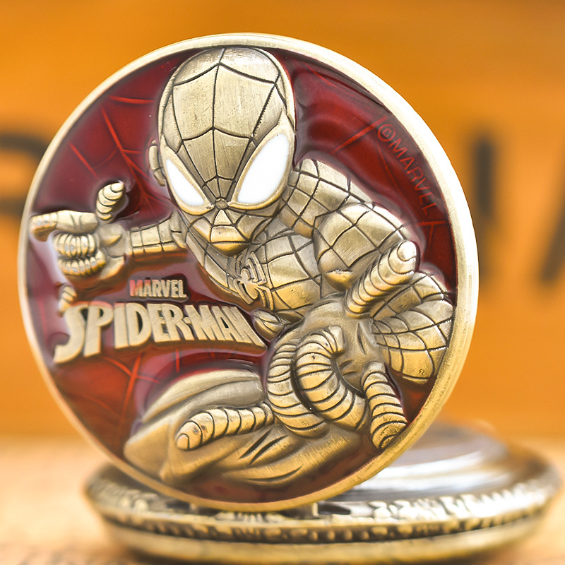 Cross-border Creative Animation Animation Retro Pocket Watch Spider-Man Three-dimensional Pattern Flip Quartz Pocket Watch Student Gift Watch