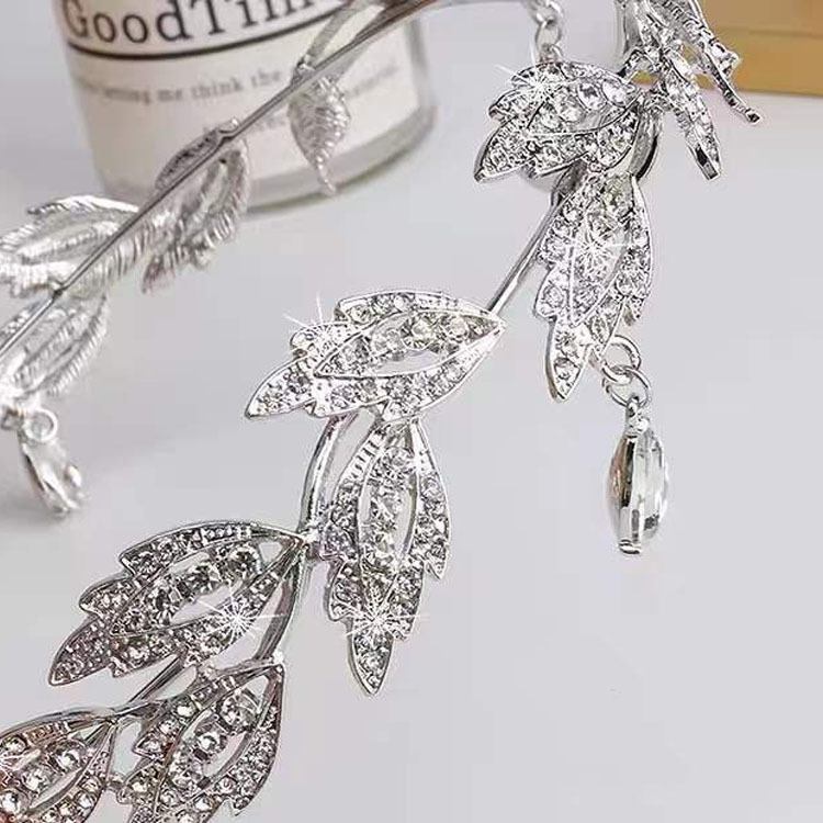 Corona Mori hojas gota de agua llena de diamantes nupcial frente decoración ceja gota Rhinestone boda tocado completo diamante corona diadema