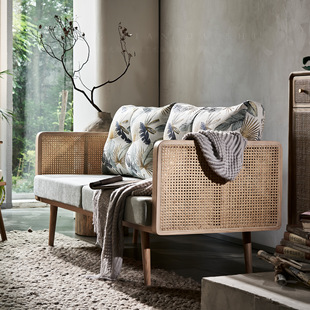 Japanese-style Solid Wood Rattan Sofa Homestay Living Room Double Three-person Rattan Chair Model Room Designer Light Luxury Creative Furniture