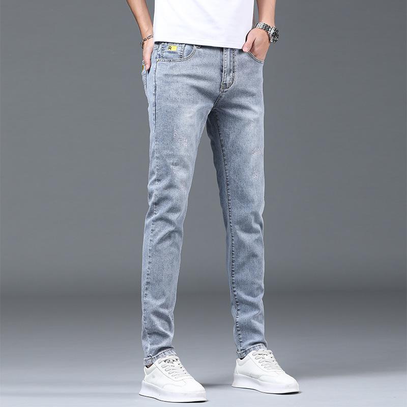 Printemps et automne mince hommes jeans tendance polyvalent couleur claire minceur petite jambe coquin beau mode lavé décontracté_voghion.com