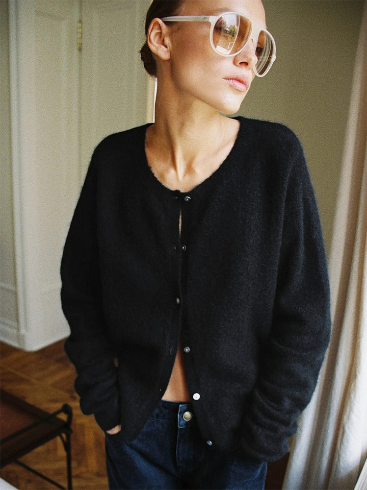 Áo cardigan len nữ cổ tròn dáng rộng cài khuy một hàng, dài tay, phong cách thanh lịch — Màu trắng, Xanh bạc hà, màu xám chi tiết 30
