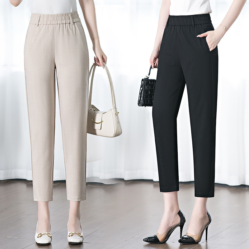 正品牌夏季女装显瘦简约气质休闲通勤中年棉麻轻薄九分小直筒西裤
