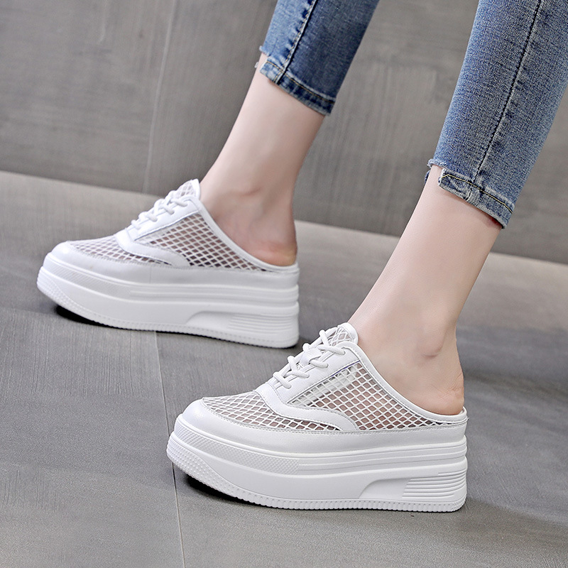 2024 Summer New Style Baotou Half Slippers Women's Outer Wear Heel-free Thick Sole Increased Lazy Mesh Sandals Platform Shoes