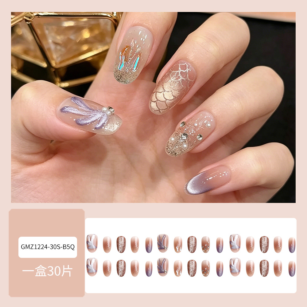 Dimensional taladro de cola de pescado desgaste de uñas, ojos de gato puros, gradiente de clareamiento de uñas, 30 piezas de parche de uñas de vibración, lote mixto