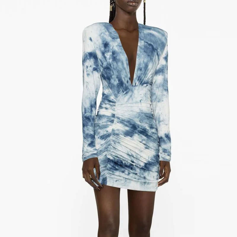 Nanyou High-End Women's Clothing Wholesale European and American Designer Tie-Dye Printed Pleated V-Neck Mini Dress Autumn and Winter Style