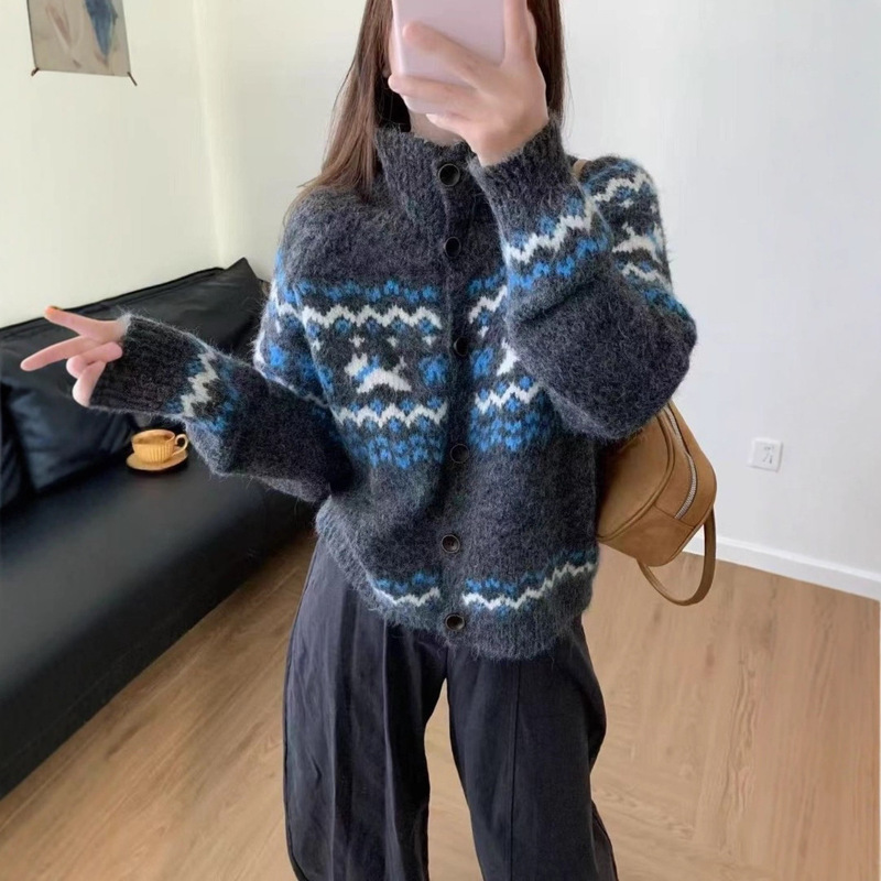 Scandinavian Retro Fair Isle Turtleneck Cardigan Jacket Women's Autumn and Winter Lazy Style Loose Outer Knitted Knitwear Top