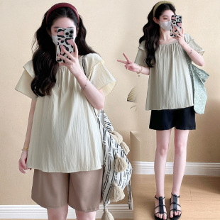 Pregnant women's clothing 2025 summer new Korean fashion chiffon top belly shorts two-piece pregnant women's suit