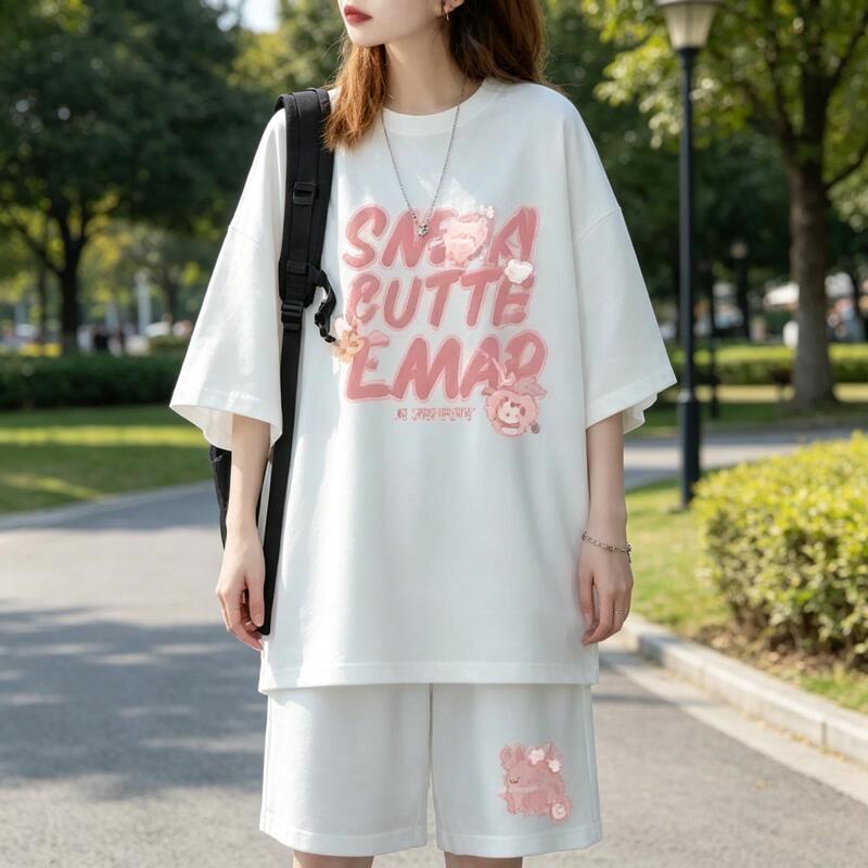 Fashionable and Simple Large-Size Summer Student Casual Sports Suit for Women, Loose Korean Style Two-Piece Short-Sleeved Shorts Set Fashionable and Simple Large-Size Summer Student Casual Sports Suit for Women, Loose Korean Style Two-Piece Short-Sleeved Shorts Set
