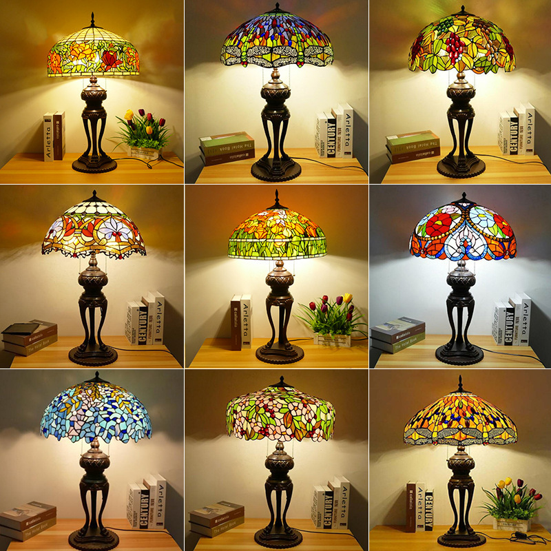 Antique Collection Film and Television Props Warm Bed Head Large Table Lamp Tiffany American Style Stained Glass Decorative Table Lamp for Living Room
