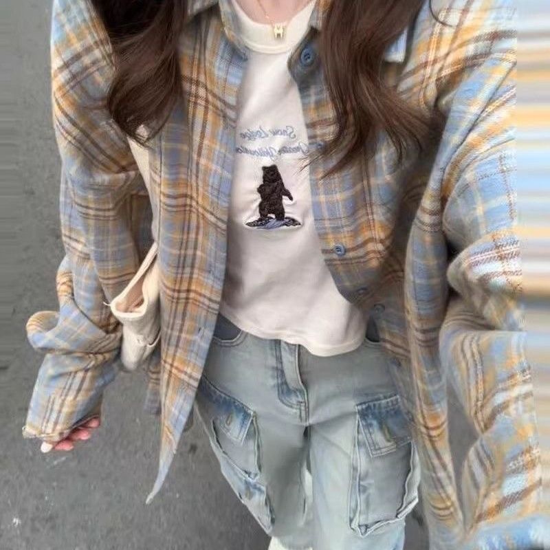 ピンクチェック柄日焼け止めシャツジャケット女性のための夏 2025 新しいルーズアメリカントップデザインレトロシャツ|undefined