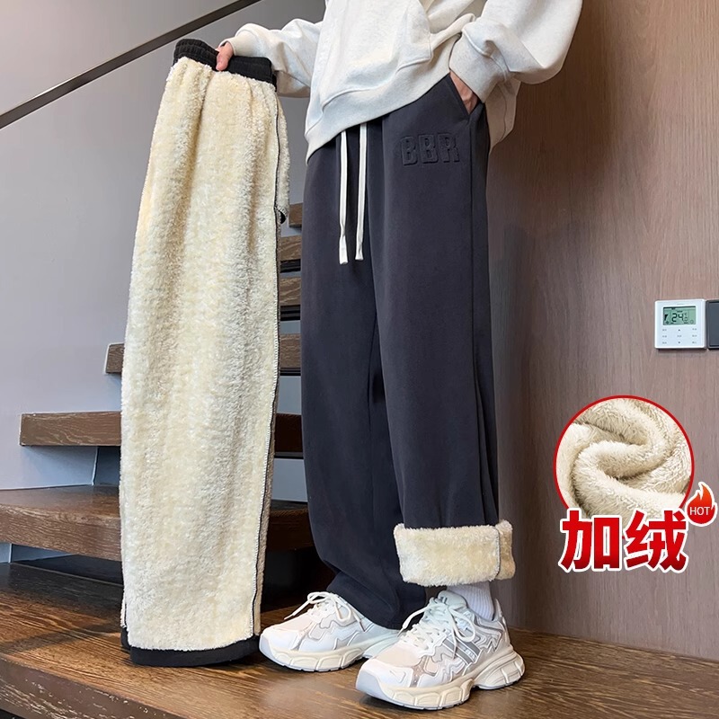 NASA Lambskin Pants Boys Winter 2024 New fleece-lined Thickened Casual Cotton Pants Autumn and Winter Straight Pants