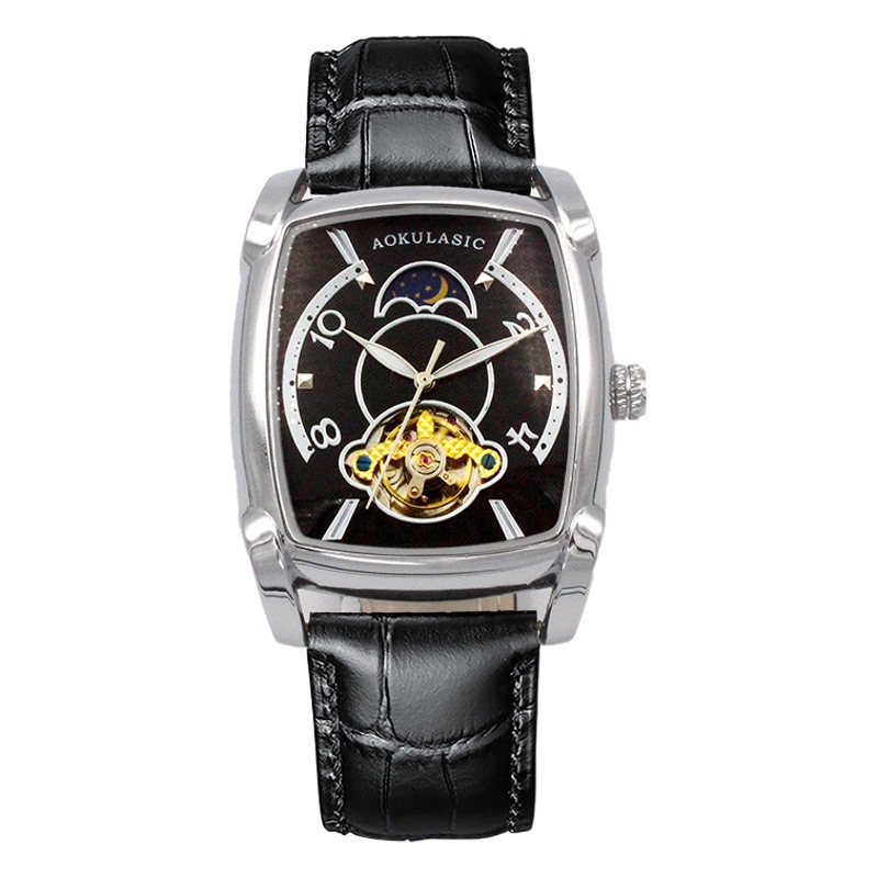 Ogulas reloj cuadrado de los hombres gran dial hueco transparente reloj mecánico automático de gama alta de cuero casual reloj de los hombres