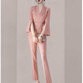 职业御姐西装套装洋气2021新款秋季女时尚粉色小西服配长裤两件套