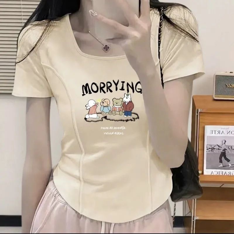 Trendy Fishbone Plus-Size Short-Sleeve Women's Square-Neck Cropped European-Style Sweet Asymmetric Curved Slimming Niche T-Shirt Ins Fashion