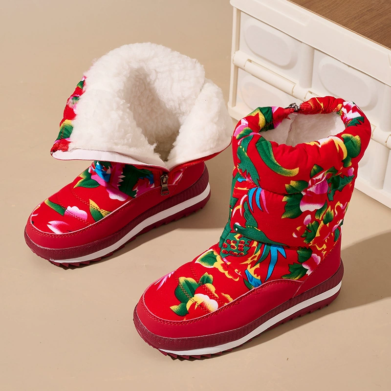 Ethnic winter warm ankle boots, fleece‑lined, ethnic pattern, sizes 36–43