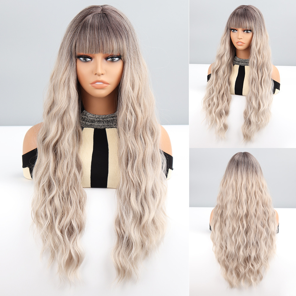 Long Wig with Bangs Multi-Color Water Ripple Pattern Synthetic Hair High Temperature Silk Machine Made New Style_voghion.com