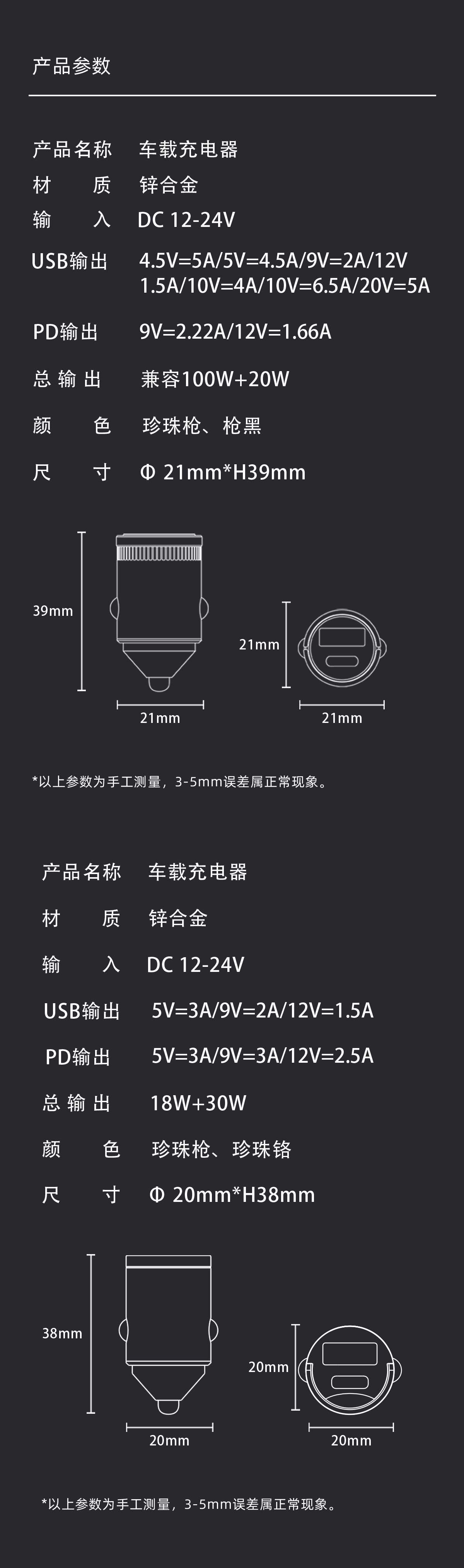 100W Car Charger Super Fast Charging Head Mini Invisible Car Charger Car Cigarette Lighter One to Two Conversion Plug