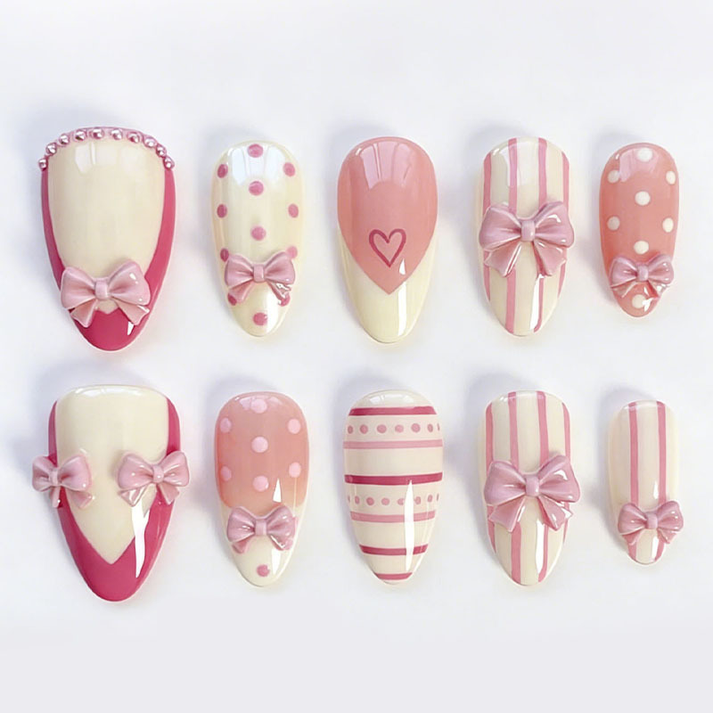 Wearable Nail Art Pieces Cross-Border Hot-Selling Almond-Shaped 30Pcs Pink and White Striped Bow Sweet Style Wearable Nail Set Wearable Nail Art Pieces Cross-Border Hot-Selling Almond-Shaped 30Pcs Pink and White Striped Bow Sweet Style Wearable Nail Set