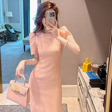 2025夏季新款小香风镶钻圆领泡泡袖连衣裙多巴胺粉色长裙女20594