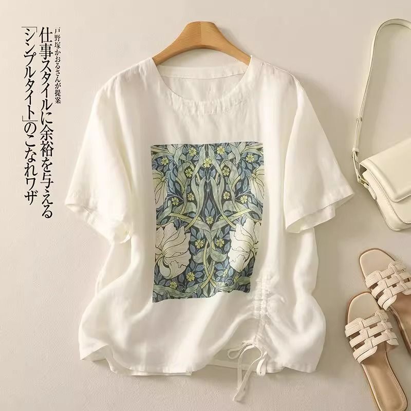 Designed Drawstring Printed Cotton and Linen Short-Sleeved Tops Summer New Versatile Loose Casual Work Clothing T-Shirts for Women Plus Size Designed Drawstring Printed Cotton and Linen Short-Sleeved Tops Summer New Versatile Loose Casual Work Clothing T-Shirts for Women Plus Size
