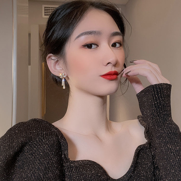 simple style long full diamond tassel bow earrings