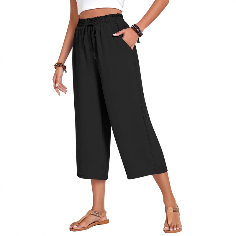 European and American Cross-Border New Women's Cropped Pants Drawstring Casual Wide-Leg Pants with Pockets Loose High-Waisted Wide-Leg Casual Pants
