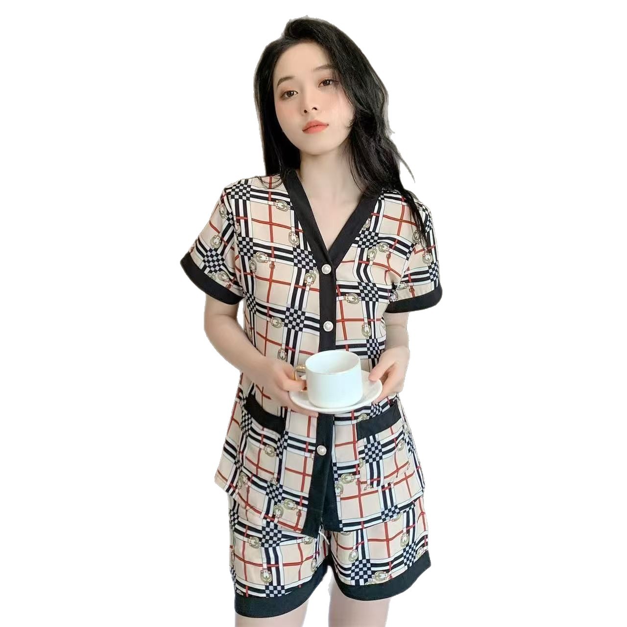 Pijamas de verano de mangas cortas delgadas de hielo de dos piezas 2025, nueva red de gran tamaño ropa de verano para mujeres image 5