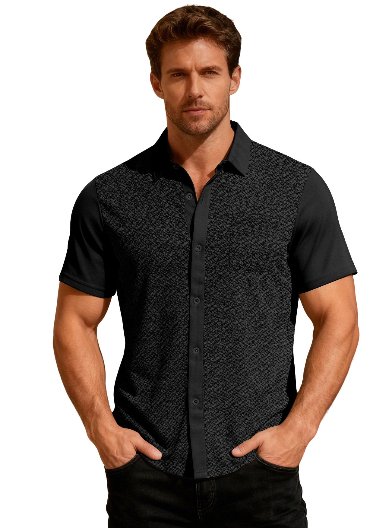 Europa y Estados Unidos ropa de hombre transfronteriza TK paleta de verano suelta con solapa transpirable Cardigan toalla jacquard camisa de hombre de manga corta
