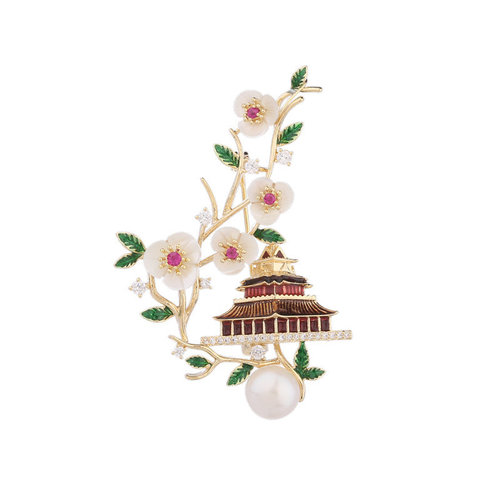 New design sense clothing accessories with natural mother-of-pearl floral qipao Hanfu hairpin featuring Chinese style, tower and Forbidden City motifs