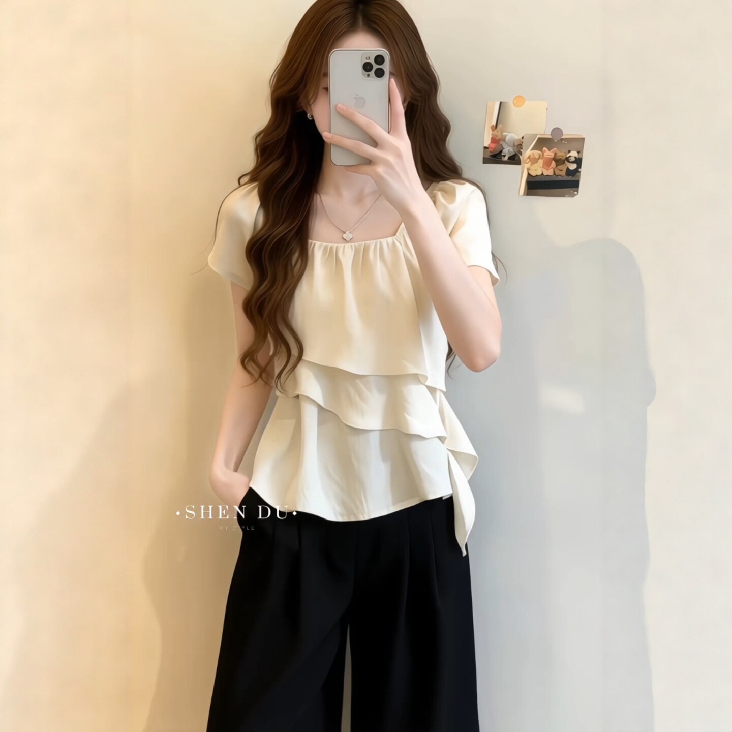 Áo sơ mi nữ cổ vuông tay ngắn, dáng rộng viền lá sen, phối dây rút — màu tím chi tiết 5