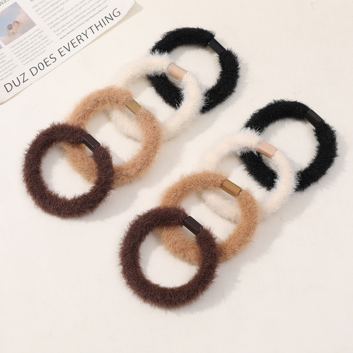 秋冬復古毛絨絨奶咖色頭飾髮飾發繩不傷發頭繩新款斜紋發繩髮飾