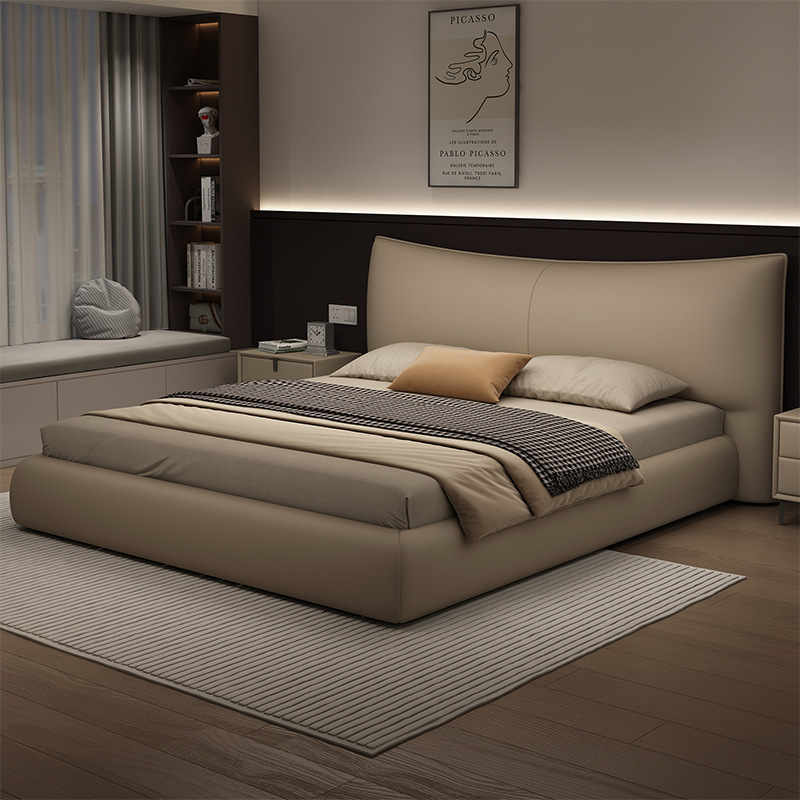 2025 New Italian-Style Minimalist Genuine Leather Bed, Light Luxury and Elegant, Master Bedroom with Separate Sleeping Areas, Double Bed, Guangdong Foshan High Box