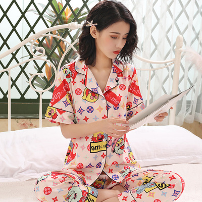 可外穿印花翻领开衫睡衣套装舒适薄款夏季女士缎面雪纺家居服批发