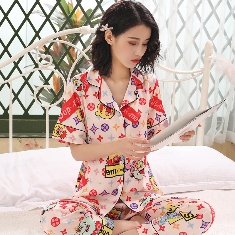 可外穿印花翻领开衫睡衣套装舒适薄款夏季女士缎面雪纺家居服批发