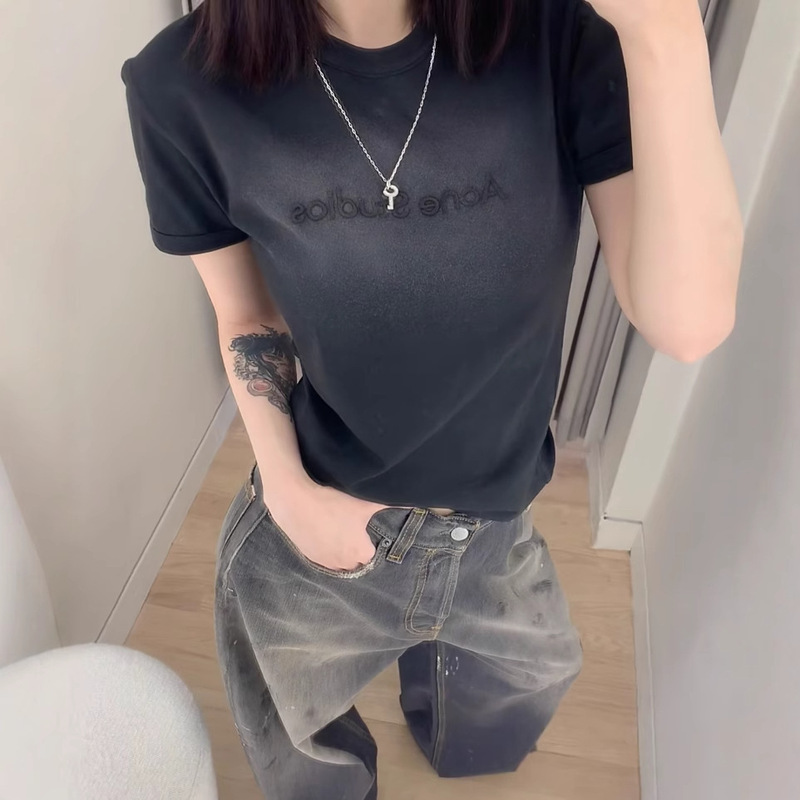 AC old dyeing micro-label printing round neck cotton T-shirt (correct version) letter short sleeve