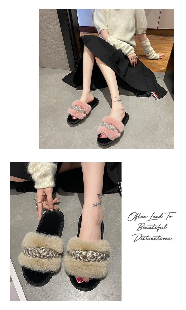 Pantofole piatte in cristallo di nuova pelliccia per il commercio estero con diamanti Moda donna alta e bassa in lana con apertura a una linea in cotone transfrontaliero_voghion.com