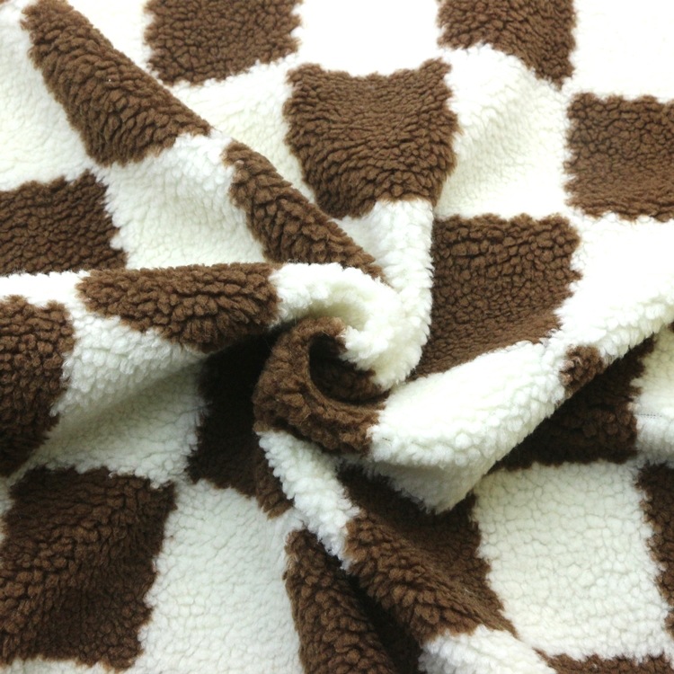 仿毛皮色织提花羊羔毛绒布颗粒泰迪饼干格棋盘格提花羊羔绒布面料