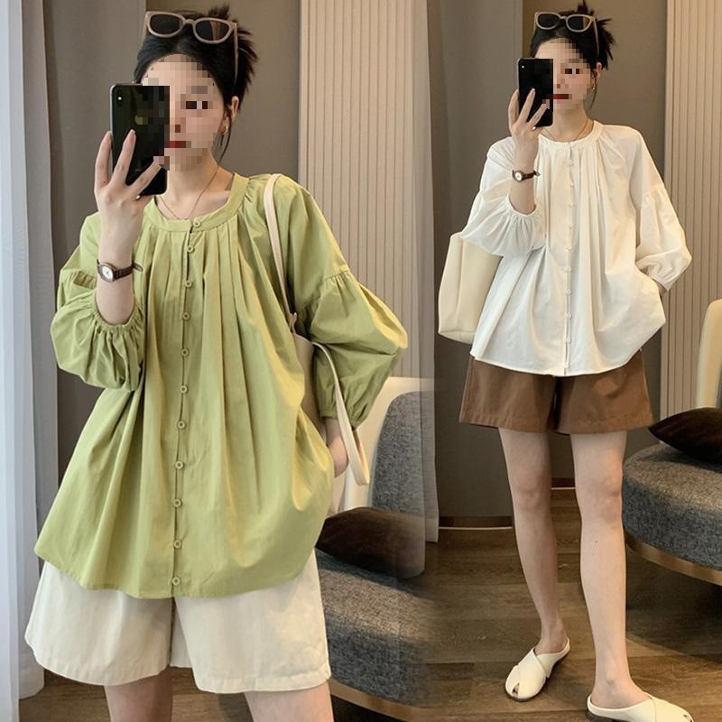 2025夏季新款九分袖衬衫女时尚宽松日系风琴褶灯笼袖圆领纯色衬衫