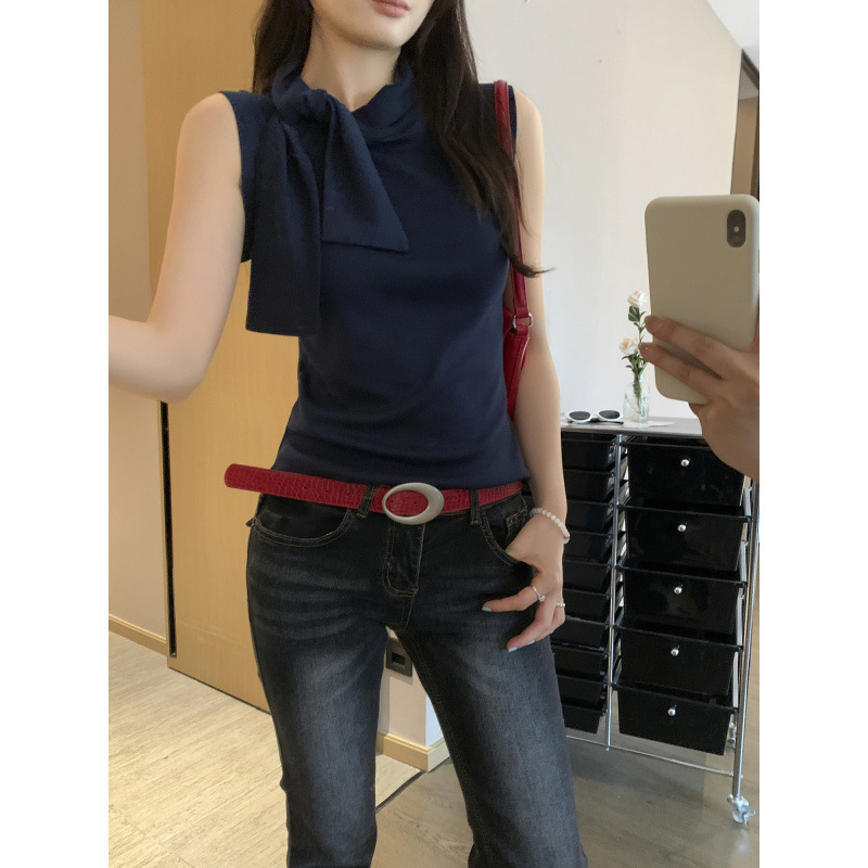 European Lyocell Tencel Unique Bow Tie Sleeveless T-Shirt for Women 2025 New Summer Beautiful Top
