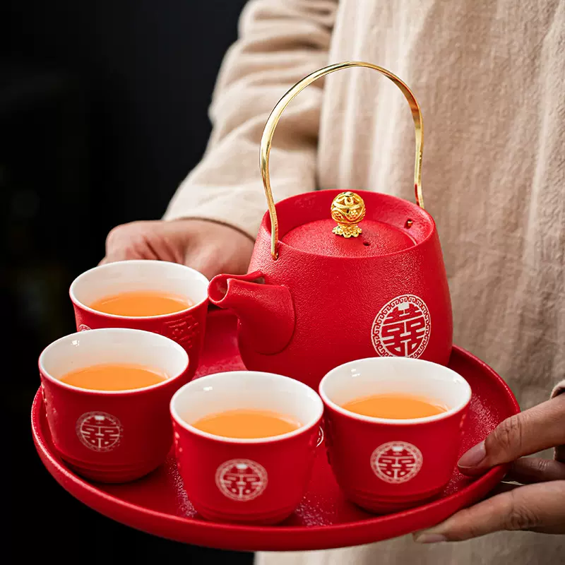 中式婚庆中国红陶瓷茶具婚宴喜庆双喜一壶四杯高档套装含茶盘礼盒